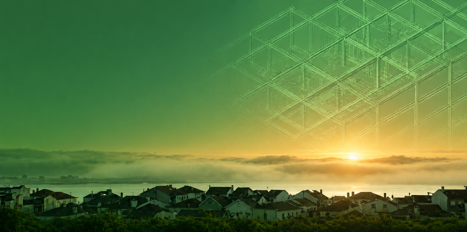 Aveiro skyline silhouette in a brand-green wash, hybrid register.