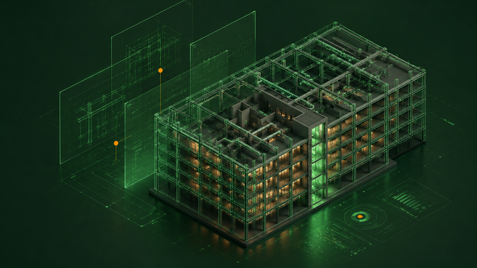 Modelo BIM federado em vista isométrica explodida, com malha IFC sobre fundo verde-marca.
