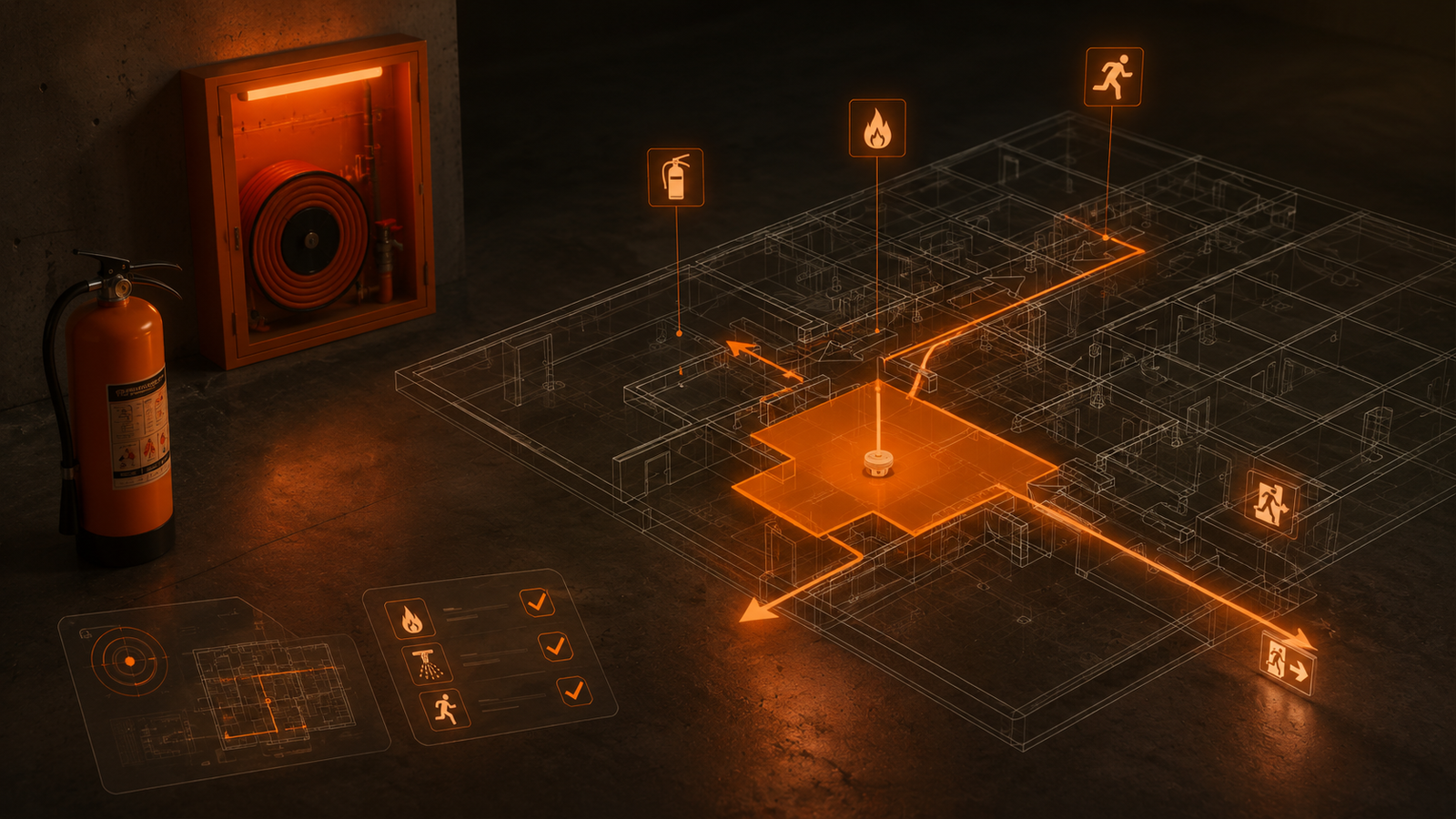 Evacuation-plan grid overlaid on a photographic floor, hybrid register.