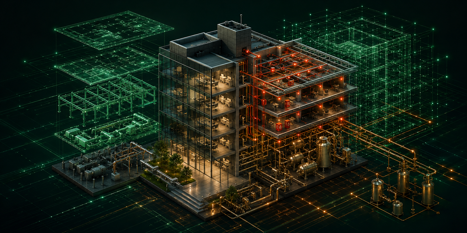 Abstract panorama of an architectural BIM grid in brand-green tones.